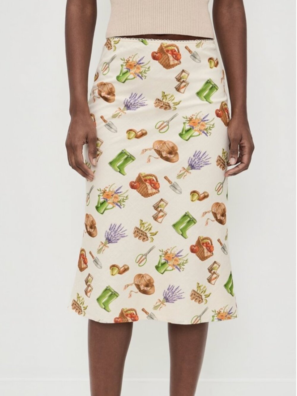 NWT BAILEY ROSE Printed Midi Skirt, Cream Gardening, size S